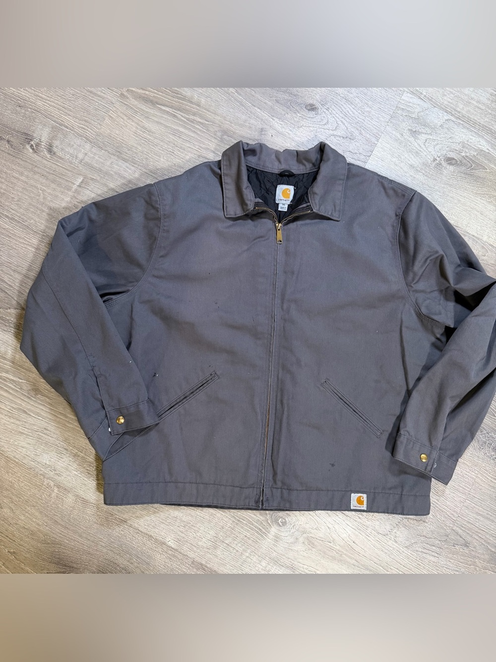 Carhartt Men’s 2XL Gray Mechanic Work Jacket Quilted Lined Distressed Stained
